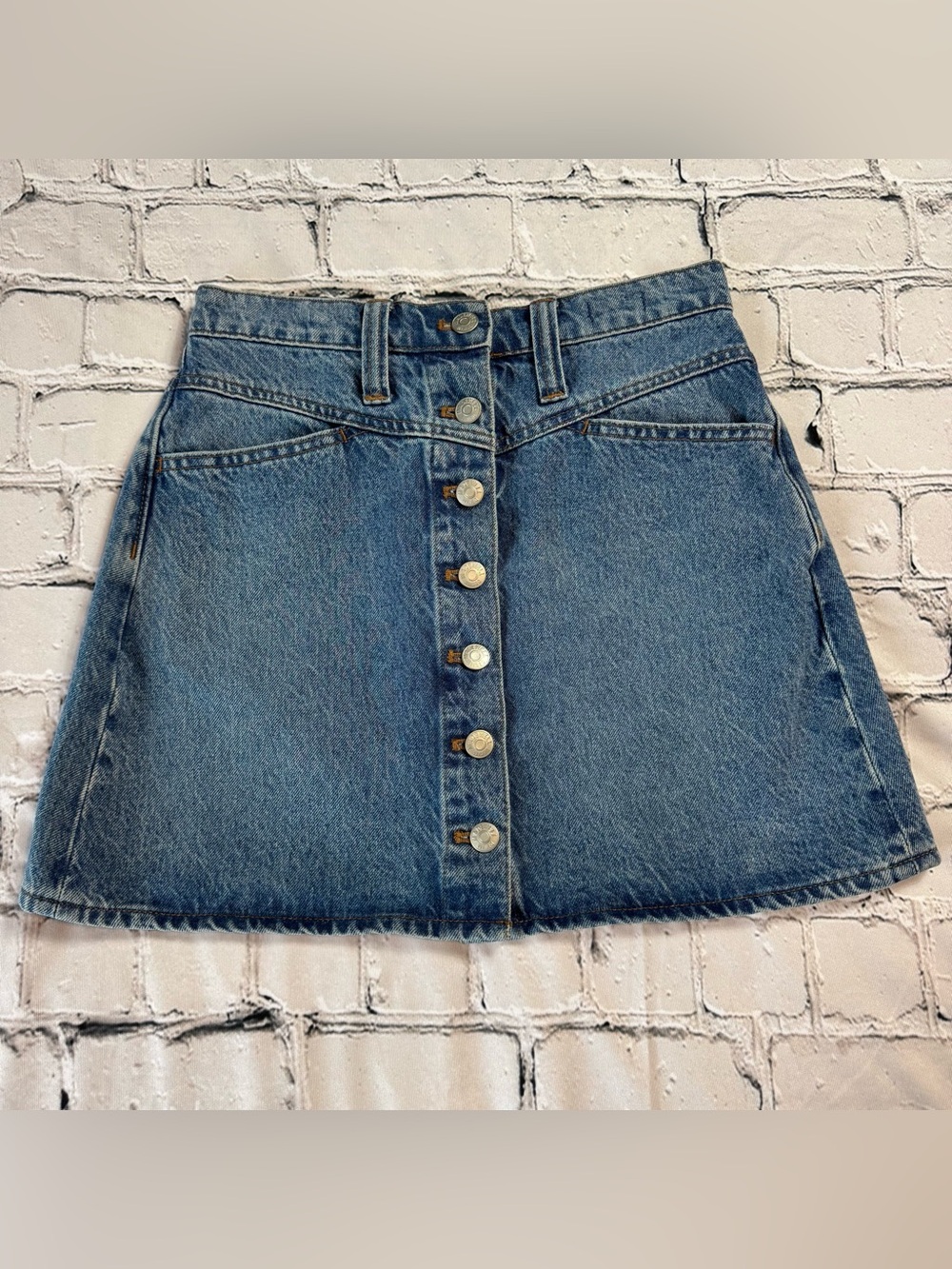 Madewell Button-Front Stretch Blue Denim A-Line Mini Skirt Preppy Twee Size 24
